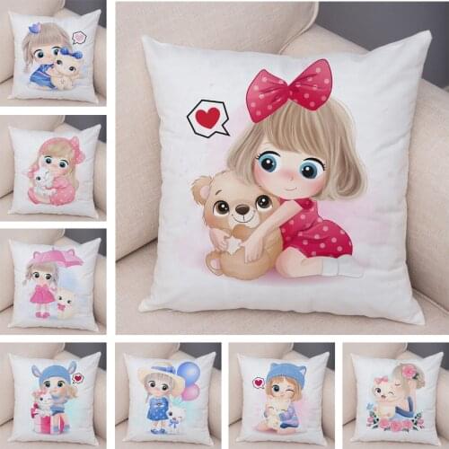 Cute Cartoon Girl and Cat Cushion Cover for Children Room Sofa Home Car Decor Lovely Child Pillow Case Plush Pillowcase 45x45cm