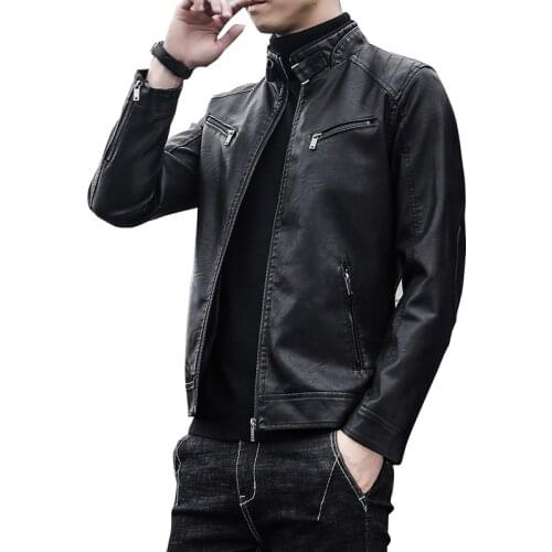 2021 Autumn Black Leather Jacket Men Stand Collar Warm Motorcycle Jacket Slim Street Fashion BLack Biker PU Coat Korean Zipper