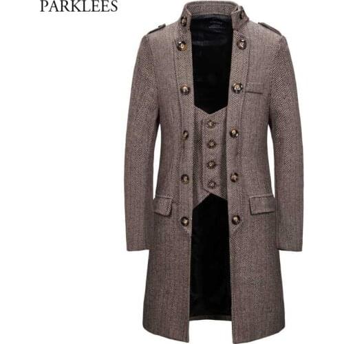 Mens Double Breasted Herringbone Tweed Wool Blend Long Trench Coat Fake Two Piece Stand Collar Formal Business Windbreaker 2XL