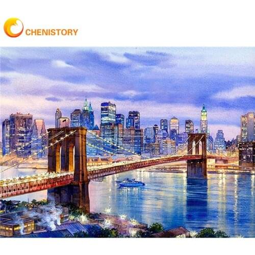 CHENISTORY Diy Framed City Bridge Night Scenery Painting By Numbers For Adults Unique Gift Paints Kits Home Wedding Room Decor