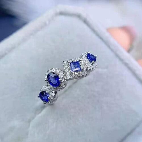 Natural Sapphire Geometry Gem Ring S925 Sterling Silver Fine Fashion Charming Jewelry for Women Free Shipping MeiBaPJFS