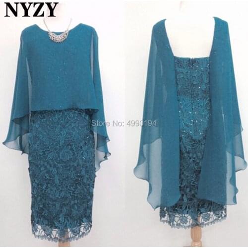 NYZY M148 Cape Sleeves Wedding Party Dress Guest Wear formal dress Teal Short Mother of the Bride GroomLace Dress 2019