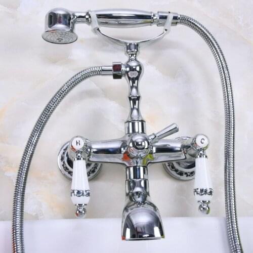 Polished Chrome Brass Double Ceramic Handles Wall Mounted Bathroom Clawfoot Bathtub Tub Faucet Mixer Tap w/Hand Shower ana206