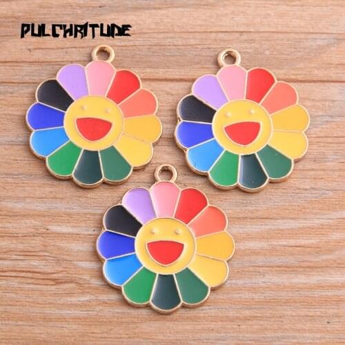 PULCHRITUDE 8pcs 26*30mm Multicolor Alloy Metal Drop Oil Sun Flower Charm Smile Pendant For DIY Bracelet Necklace Jewelry Making