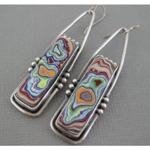Silver Color Hook-Shaped Dangling Earrings for Women Retro Square Colorful Glass Bridal Wedding Party Jewelry