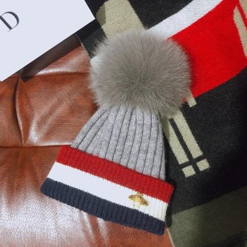Real Fox Fur Beanie Hat Women Winter Knitted Pompom Hat Beanie Caps Autumn Winter Female Pom Pom Hats for Girls