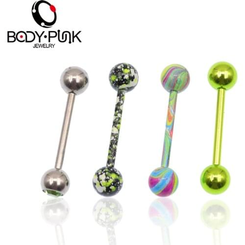 BODY PUNK Hot Selling 1 Set Tongue Ring Tongue Bar Stainless Steel Body Piercing Punk Style Jewelry 4 Color TB 004