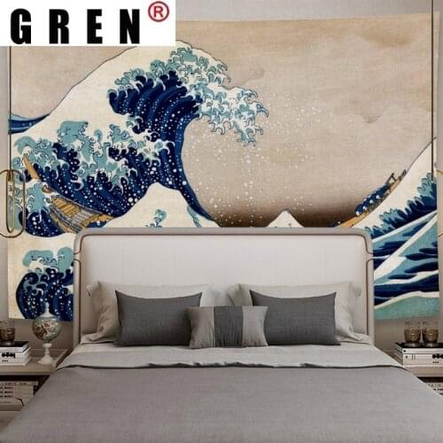 GREN Tapestry Great Wave of Kanagawa Wall Hanging Mural Background Wall Rugs Beach Towel Fabric Blanket Dorm Living Home Decor
