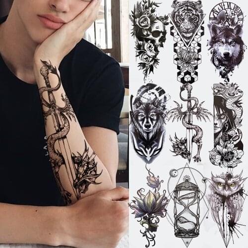Sword Snake Temporary Tattoos For Men Wolf Adults Women Tiger Owl Lion Tattoos Sticker Lotus Skull Black Tribal Fake Arm Tatoos