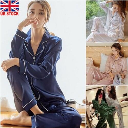 NEW 2020 Women Silk Satin Pajama Pjs Set Long Sleeve Button Sleepwear Homewear Nightwear