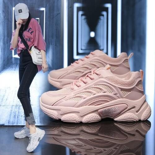 Womens Sports Shoes Fashion Solid Color Breathable Mesh Platform Lace-up Sneakers