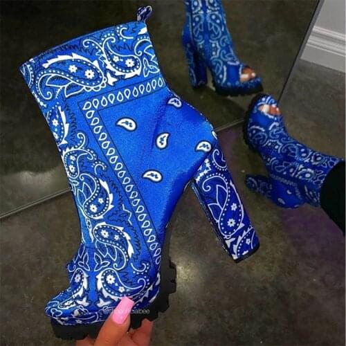 Bandana Women Ankle Boots Peep Toe Woman Footwear Zip Shoes Platform Leather Graffiti Square Heels Fashion Botas Mujer Big Size