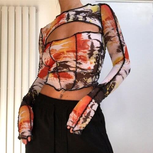 Y2k Classic Printed OrangeTop Chic Transparent Mesh Crop Top Women 90s Streetwear Fashion Harajuku O Neck Pullover Top Rapwriter
