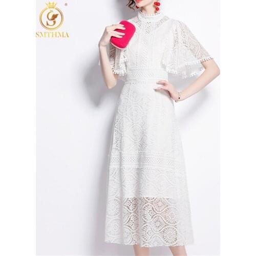 SMTHMA New Fashion Lace Hollow Out White Long Dress Women Stand Collar Puff Short Sleeve Maxi Dresses Vestidos