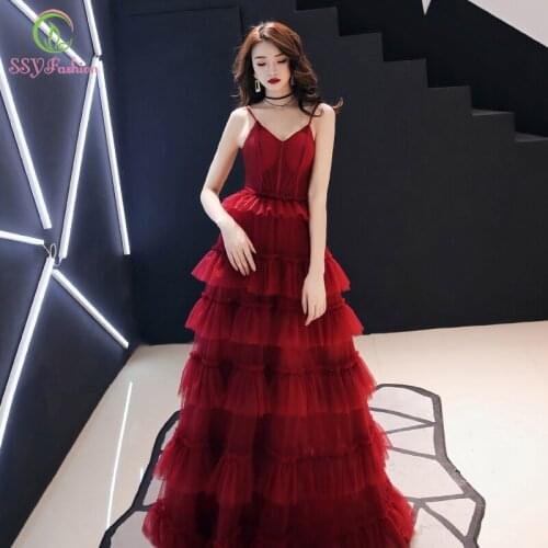 SSYFashion New Bride Sexy Wedding Dress Wine Red V Collar Evening Dress Banquet Long Dress Strap Formal Dresses Evening Gown