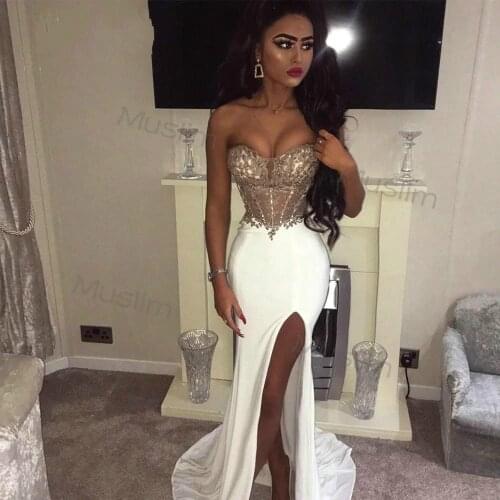 See Through Top White Prom Dresses Elegant Mermaid Satin Long Evening Dress With Beaded 2021 High Slit Long Formal Party Dress