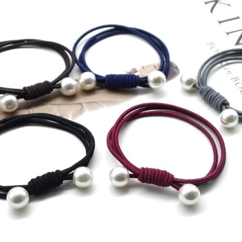 5pcs in) classic style knotted with pearl 3 cord super elastic hairtie band ponytail holder thick hair(dx130)