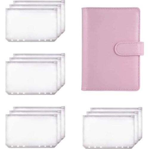 A6 Binder Planner Pink Notebook Binder and 12 Pieces 6 Hole Binder Zipper Folder,Binder Pockets Cash Envelope Wallet