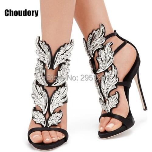 2020 Sexy Bling Rhinestone Angle Wings high heels sandals women Shiny Leather Bridal Gold Plated Winged gladiator sandals women