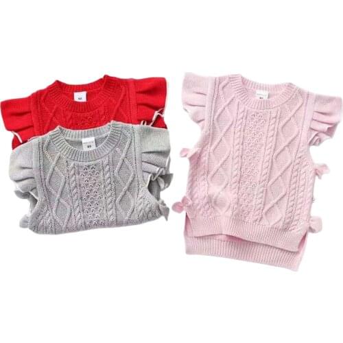 Kids Autumn Knit Vest, Solid Color O-Neck Ruffled Pullover Cropped Waistcoat for Little Girls, 1-7 Years, Pink/Gray/Red