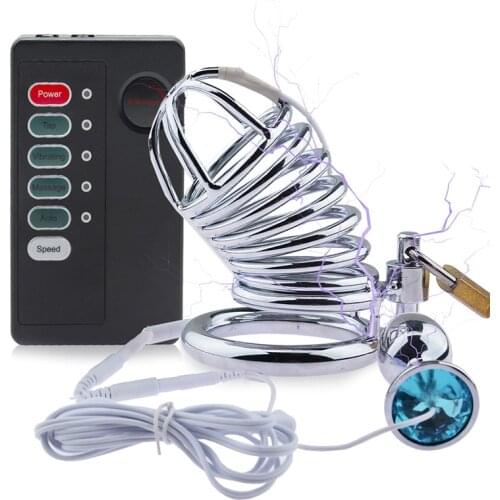 Electric Shock Male Cock Cage Metal Penis Lock Cock Ring Anal Butt Plug Bird Restraint Electro Stim Chasity SM Sex Toys for Men