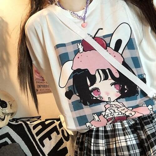 Summer fun cartoon Cute Sweet Girls Japan Streetwear Harajuku Pink cotton Kawaii Casual Tops Ulzzang Vintage Women Loose T-shirt