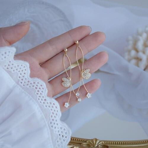 Hot Sale Long Style Butterfly Earrings Elegant Flower Inlaid Zircon Stainless Ringen Feminia Jewelry Pendant Accessories