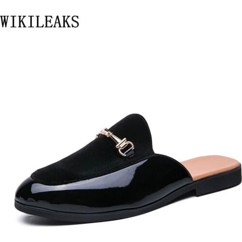 Mules Black Half Shoes for Men 2021 Blue Patent Leather Shoes Man Designer Slip on Shoes Men Mule Masculino Zapatos Mules Homme