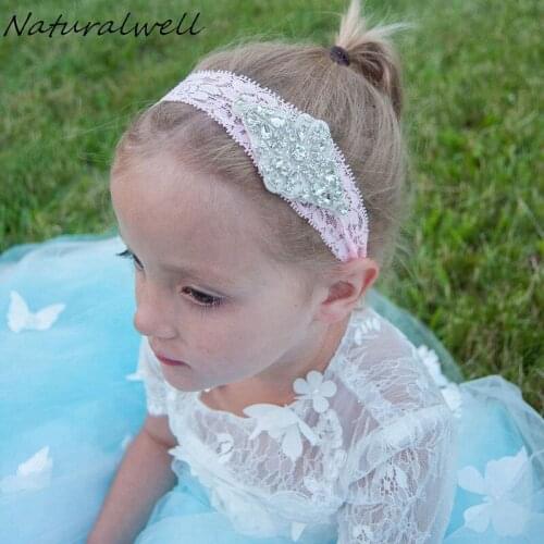 Naturalwell New fashion Girls Rhinestone Sparkle Headband Kids headwrap Lace Elastic Band newborn shower gift Photo grop HB104