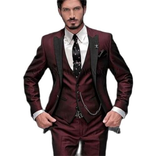 New Brand Groom Tuxedo Suit 2020 Custom Made Wine Red Men Suits Terno Slim Fit Peaked Lapel Groomsmen Men Wedding Prom Suits