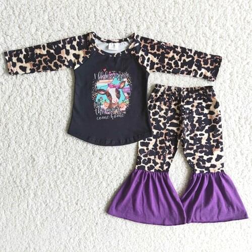 New Arrival Long Sleeve Cartoon Outfit Baby Girls Fashion Leopard Print Top And Stitching Beller Pants Clothing Set For Autumn