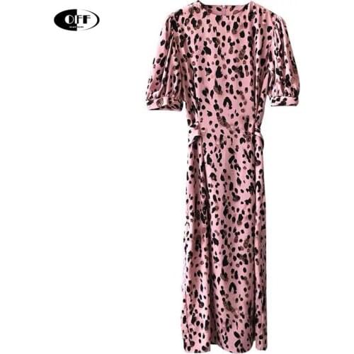 Summer korean elegant woman midi dress pink Leopard print O-neck lace up slim short sleeve dresses for women vestidos robe femme