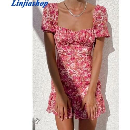 Holiday Red Mini Dress Floral Print Vestidos Vintage Short Sleeve Girl Ruched Women Summer Dress