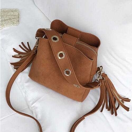 Women Bag Fashion Scrub Women Bucket Bag Vintage Tassel Messenger Bag High Quality Retro Shoulder Bag Simple Crossbody Bag Tote