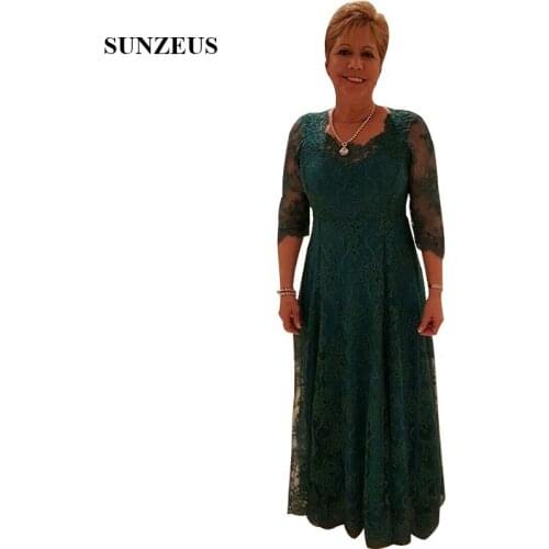 Dark Green Lace Bride Mother Dresses With Three Quarter Sleeves Appliques Long Tulle Women Wedding Party Gowns Lady Guest Dress