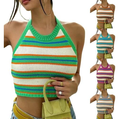Womens Halter Neck Tank Tops, 2021 Summer Fashion Sexy Sleeveless Striped Print Tie Knot Back Knit Crop Tops