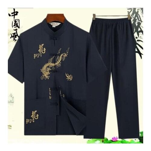 Traditional Chinese Men Embroidery Tang Suit Short Sleeve Taichi Uniform Cotton Dragon Wushu Clothing Loose Male Kung Fu Shirt