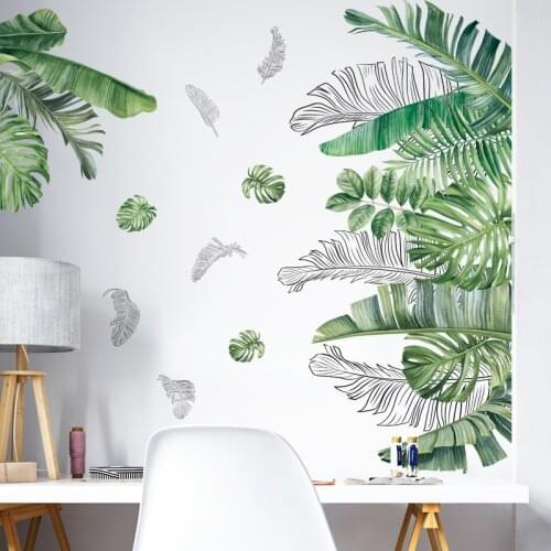 BRUP Watercolor Green Plants for Living Room Bedroom Removable Wall Decals Tropical Leaves Home Decor Decorative Stickers PVC