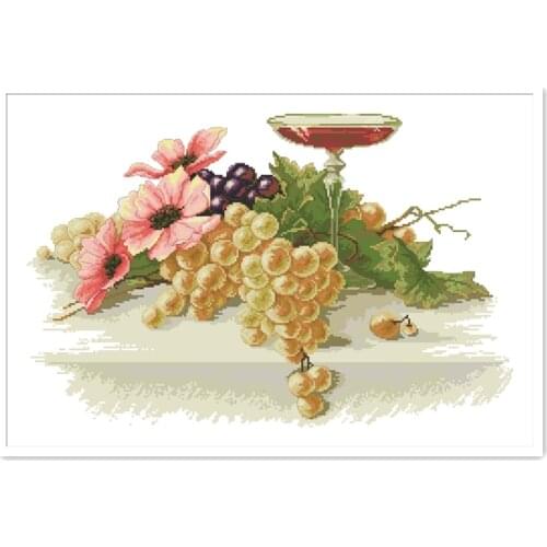 Grape and flowers cross stitch wine still life 18ct 14ct 11ct white fabric cotton thread embroidery DIY handmade needlework