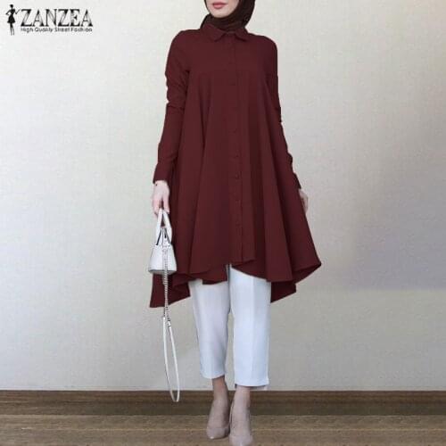 ZANZEA Asymmetrical Shirts Womens Autumn Blouse 2021 Casual Retro Long Sleeve Turkish Robe Shirts Female Solid Islam Clothing