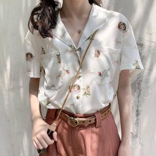 Angle Pattern Print Blouse Women Vintage Korean Womens Shirt Summer White Leisure Loose Tops Women 2020 Fashion Shirts