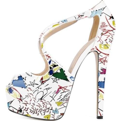 Newest 2019 Peep Toe Printed Leather High Heel Shoes Woman Summer Slip on Party Dress Shoes 14cm Cross Strap High Platform Shoes