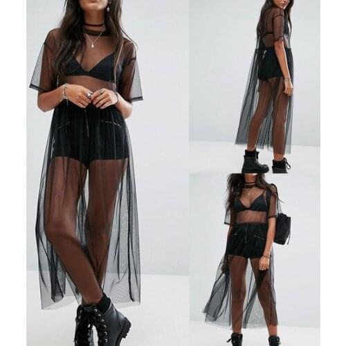 Women See Through Gauze Mesh Midi Dress Sheer Maxi Dress Tulle Lace Long Dress