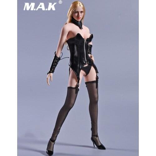 1/6 Black Leather Underwear & Stockings Set 17XG08 & Shoes Female Clothes Set Fit Seamless Body Accessory