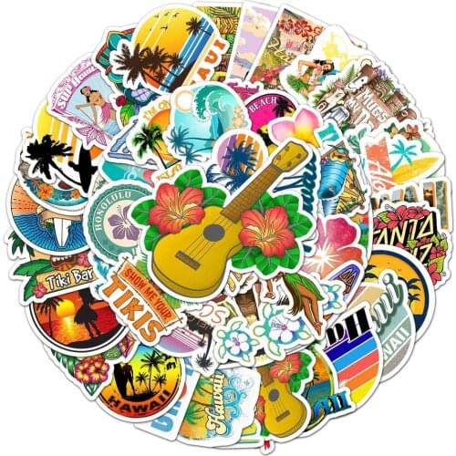 10/50PCS Summer Tropical Beach Surfing Sticker Outdoor Hawaii Surfing Stickers Waterproof DIY Surfboard Car Skateboard Decal
