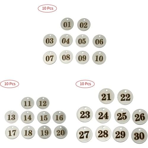 10Pcs Stainless Steel Number Tags 1-30 Numbers Discs Round Engraved Figures Labels Hanging Number Sorting Tags for Gyms Hotels