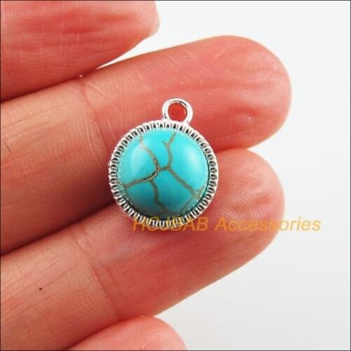 Fashion 8Pcs Silver Color Round Flower Blue Stone Charms Pendants 12.5x15mm