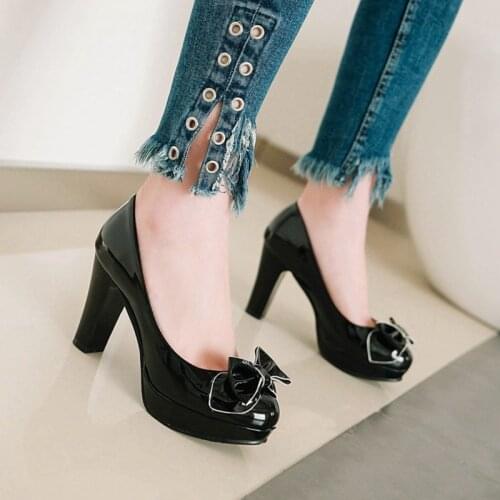 2021 Fashion Women Patent Leather Pumps Bows Platform High Heels Round Toe Party Wedding Bridal Ladies Dress Black Shoes A23-5