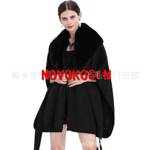 2021 Plus Size Black Camel Poncho Women Overcoat Cloak Long Winter Big Pendulum Big Faux Rabbit Fur Collar Cardigan Lacing Cape