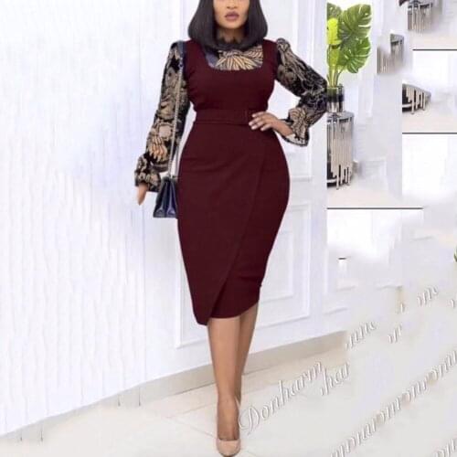 African Office Dresses For Ladies Patchwork Bodycon High Waist Mid Calf Elegant Business Work Wear Clothes Dress Midi 2021 New